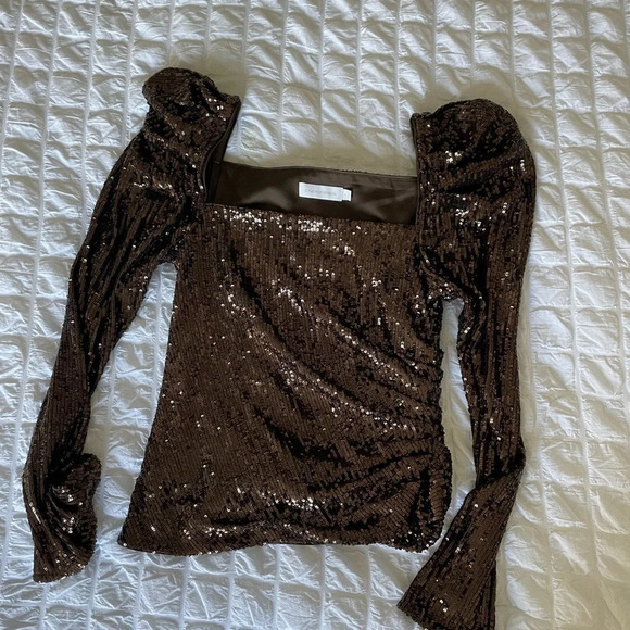 Jonathan Simkhai Allura brown sequin square neck puff sleeve top - Picture 3 of 12